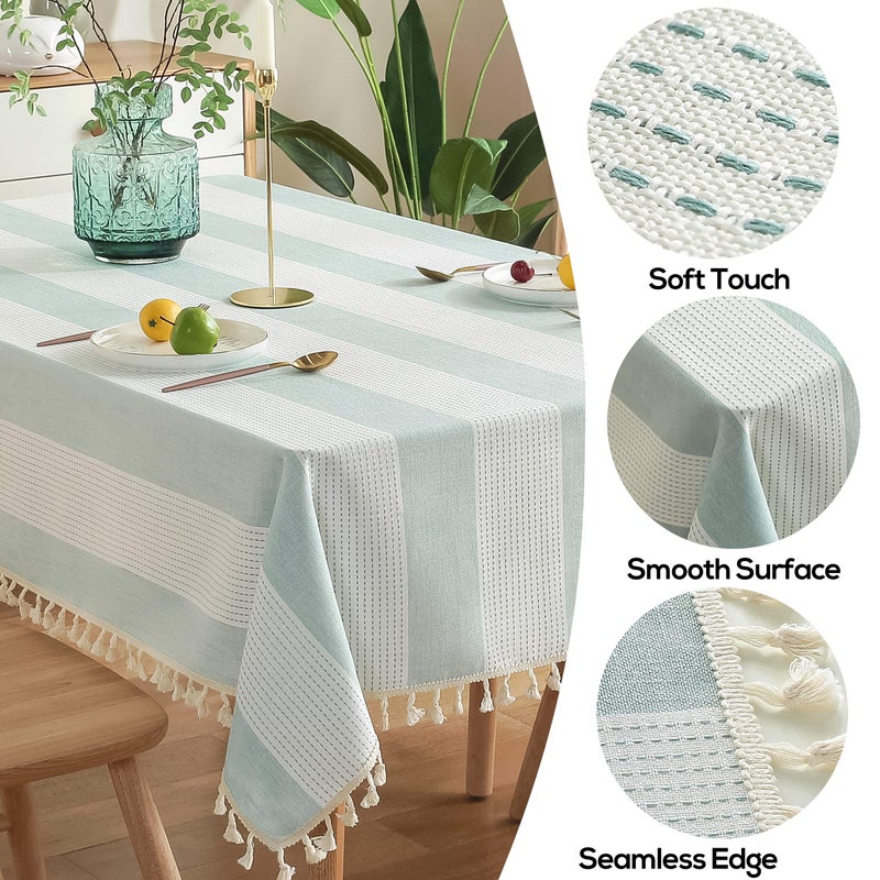 AmHoo Stitching Tassel Tablecloth Striped Table Cloth Rectangle Cotton Linen Dust-Proof Table Cover for Kitchen Dinning 54 x 54 Inch Teal - Image 2
